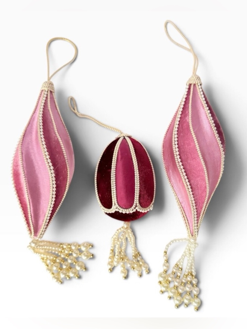 Vintage Set of 3 Velvet Faux Pearl Beaded Victorian Christmas Ornaments Pink Red